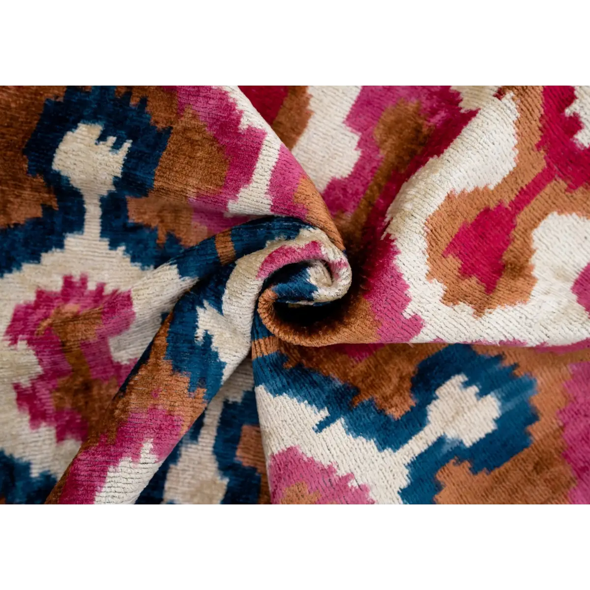 Handmade Velvet Throw Pillow with Pink Blue and Tan Ikat Design - High-Quality 20x20 Inch Decorative Accent