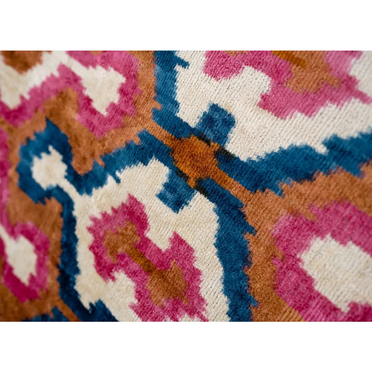 Handmade Velvet Throw Pillow with Pink Blue and Tan Ikat Design - High-Quality 20x20 Inch Decorative Accent