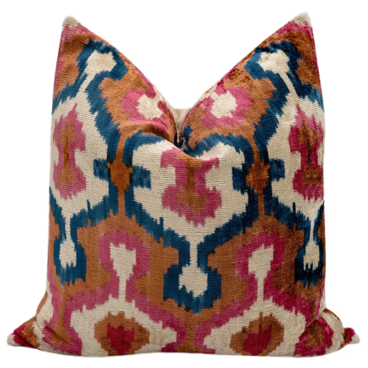 Handmade Velvet Throw Pillow with Pink Blue and Tan Ikat Design - High-Quality 20x20 Inch Decorative Accent