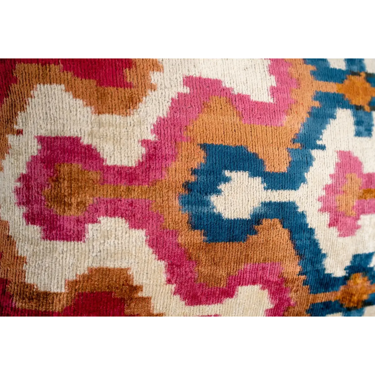 Handmade Velvet Throw Pillow with Pink Blue and Tan Ikat Design - High-Quality 20x20 Inch Decorative Accent