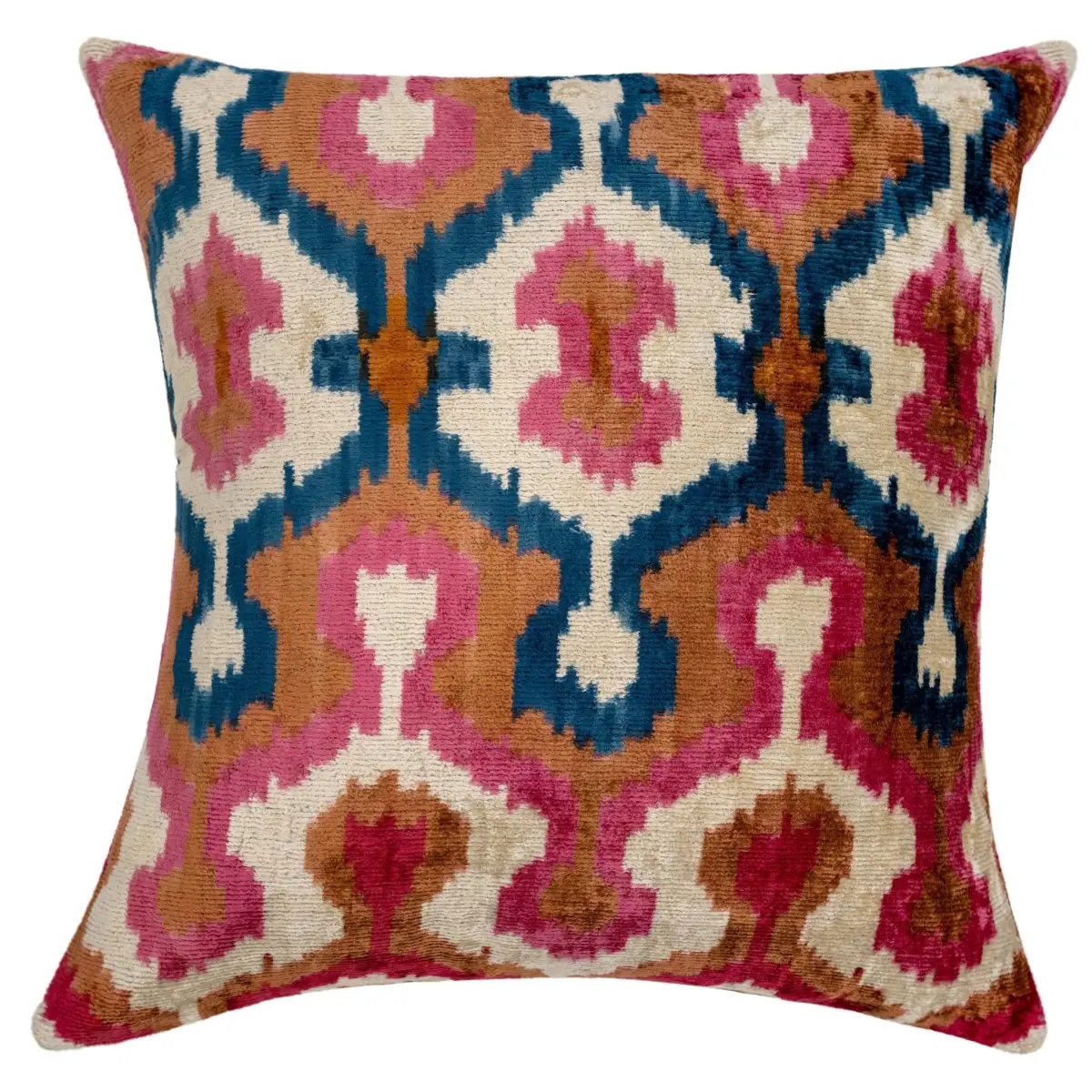 Handmade Velvet Throw Pillow with Pink Blue and Tan Ikat Design - High-Quality 20x20 Inch Decorative Accent