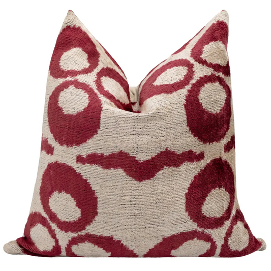 Handmade Velvet Throw Pillow with Red and Beige Geometric Design - High-Quality 20x20 Inch Decorative Accent