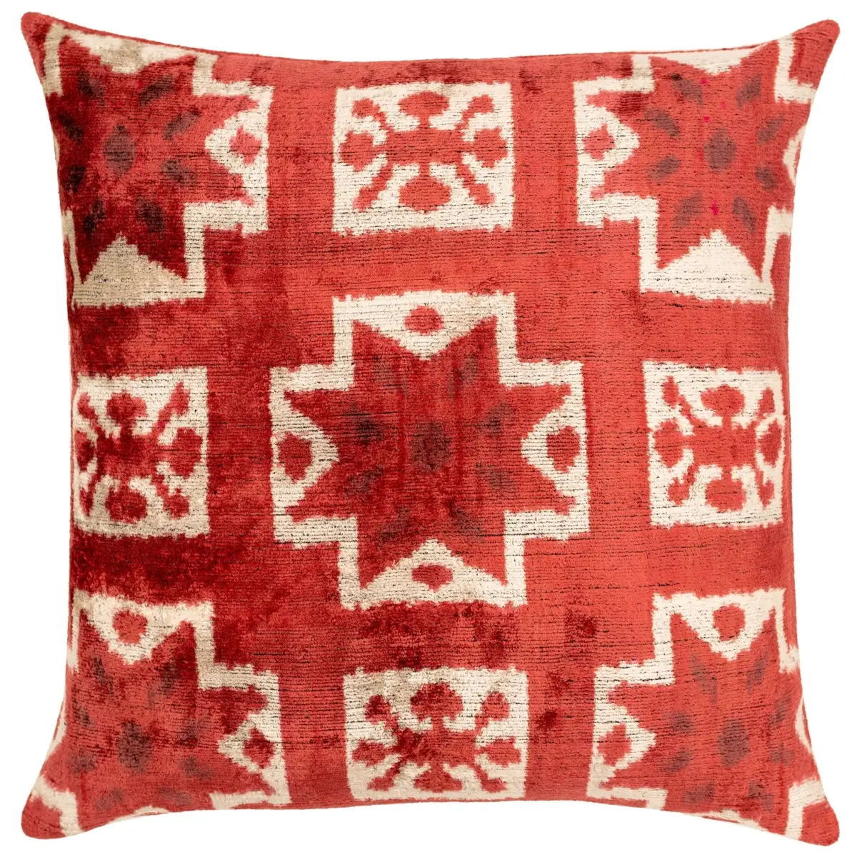 Handmade Velvet Throw Pillow with Red and Cream Geometric Star Design - High-Quality 20x20 Inch Decorative Accent