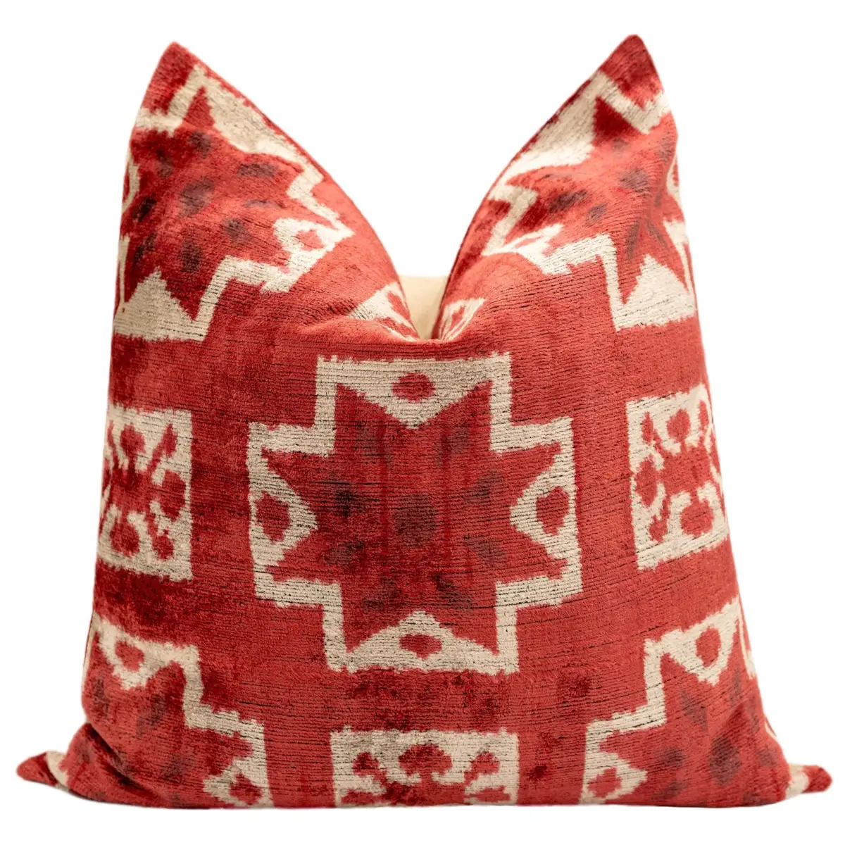 Handmade Velvet Throw Pillow with Red and Cream Geometric Star Design - High-Quality 20x20 Inch Decorative Accent