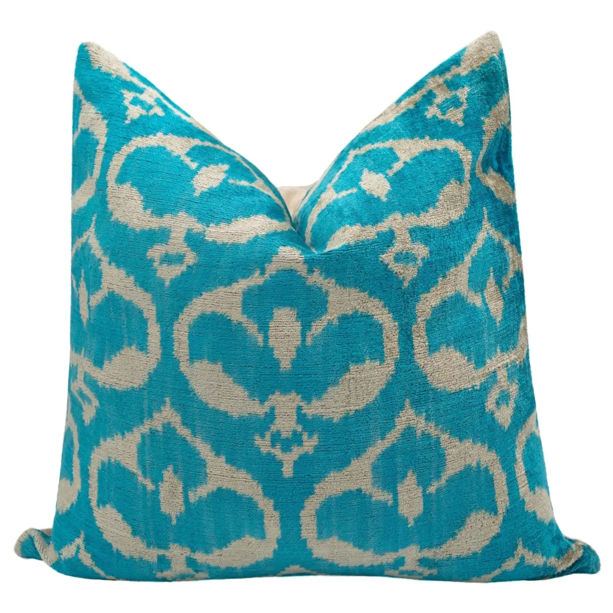 Handmade Velvet Throw Pillow with Turquoise and Beige Ikat Design - High-Quality 20x20 Inch Decorative Accent