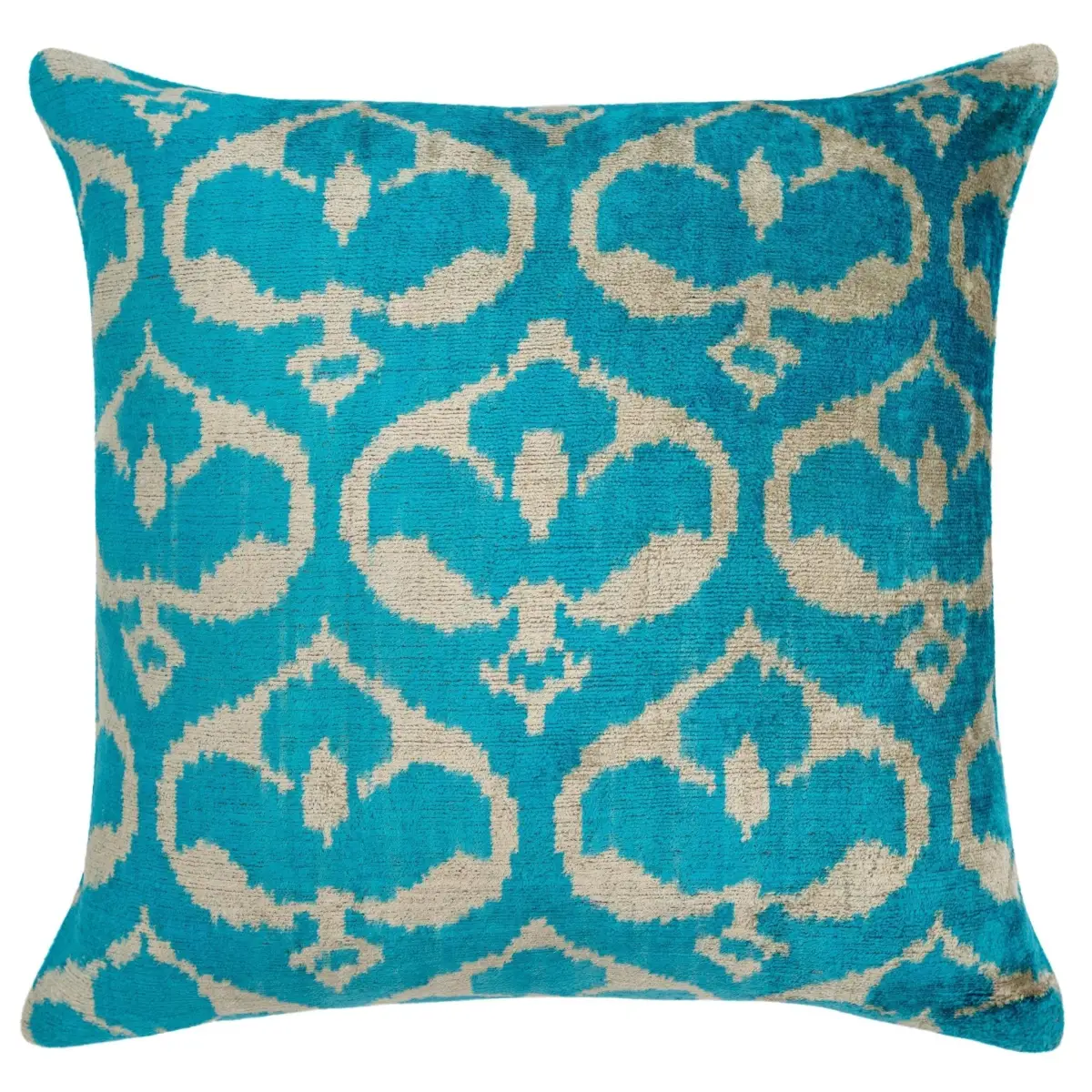 Handmade Velvet Throw Pillow with Turquoise and Beige Ikat Design - High-Quality 20x20 Inch Decorative Accent