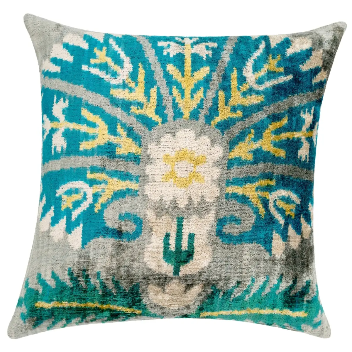 Handmade Velvet Throw Pillow with Turquoise and Yellow Ikat Design - High-Quality 20x20 Inch Decorative Accent