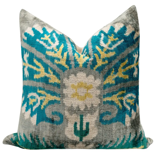 Handmade Velvet Throw Pillow with Turquoise and Yellow Ikat Design - High-Quality 20x20 Inch Decorative Accent