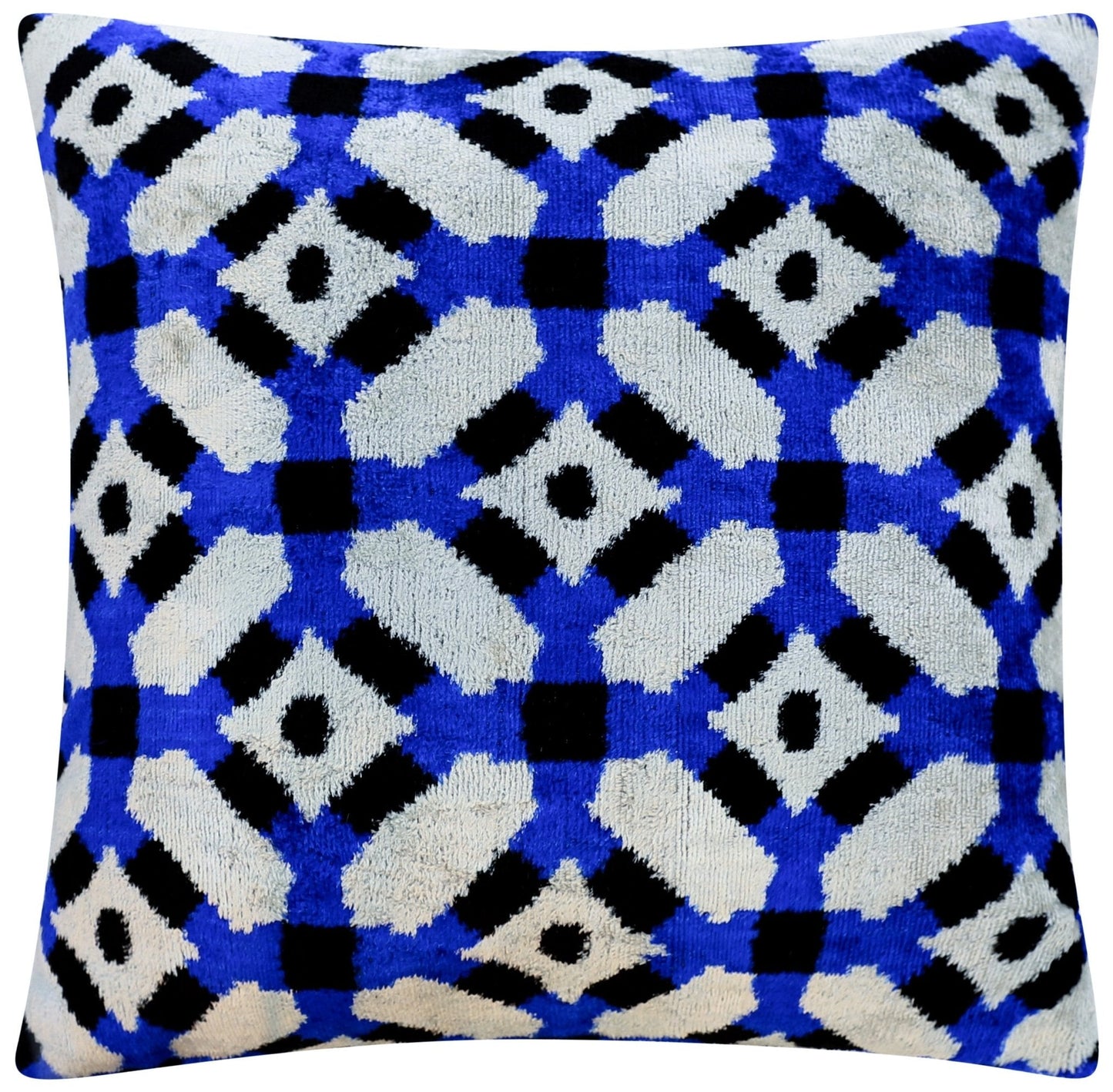 Almohada decorativa de terciopelo hecha a mano con diseño geométrico azul y negro de 20 x 20 pulgadas de alta calidad con inserto de plumas de primera calidad