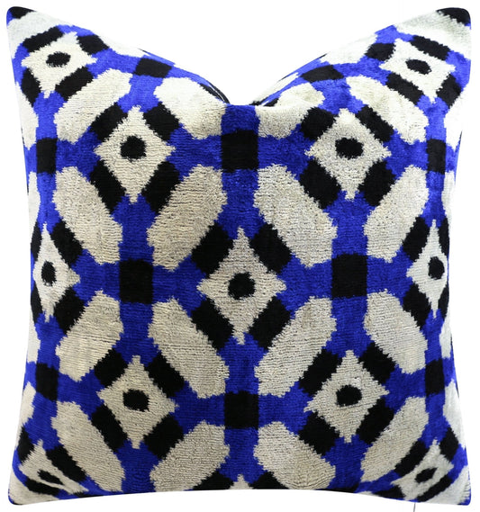 Coussin en velours fait main avec motif géométrique bleu et noir - Accent décoratif de haute qualité 20 x 20 pouces avec insert en plumes de duvet de qualité supérieure