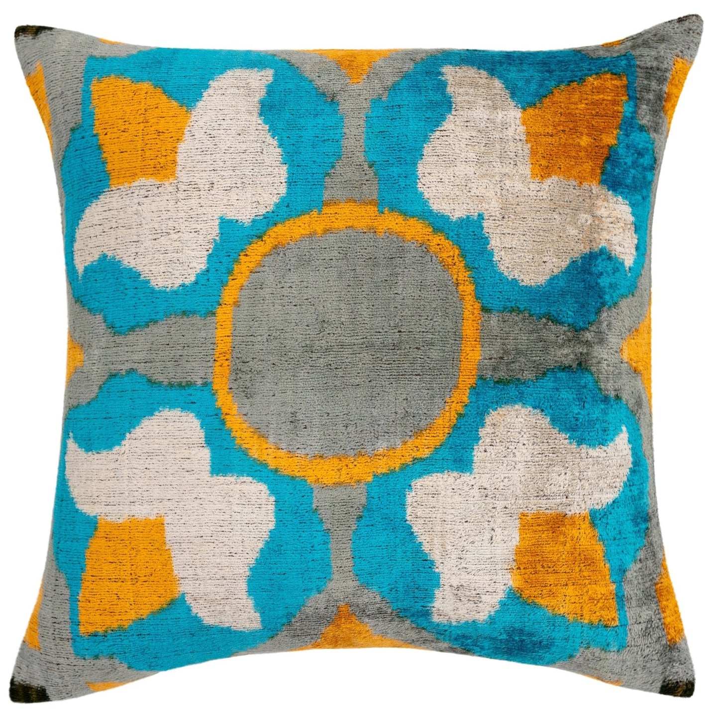 Almohada decorativa de terciopelo hecha a mano con diseño geométrico en azul, amarillo y gris. Detalles decorativos de alta calidad de 20 x 20 pulgadas con inserto de plumas de primera calidad para sofás, sillones y diseño de interiores.