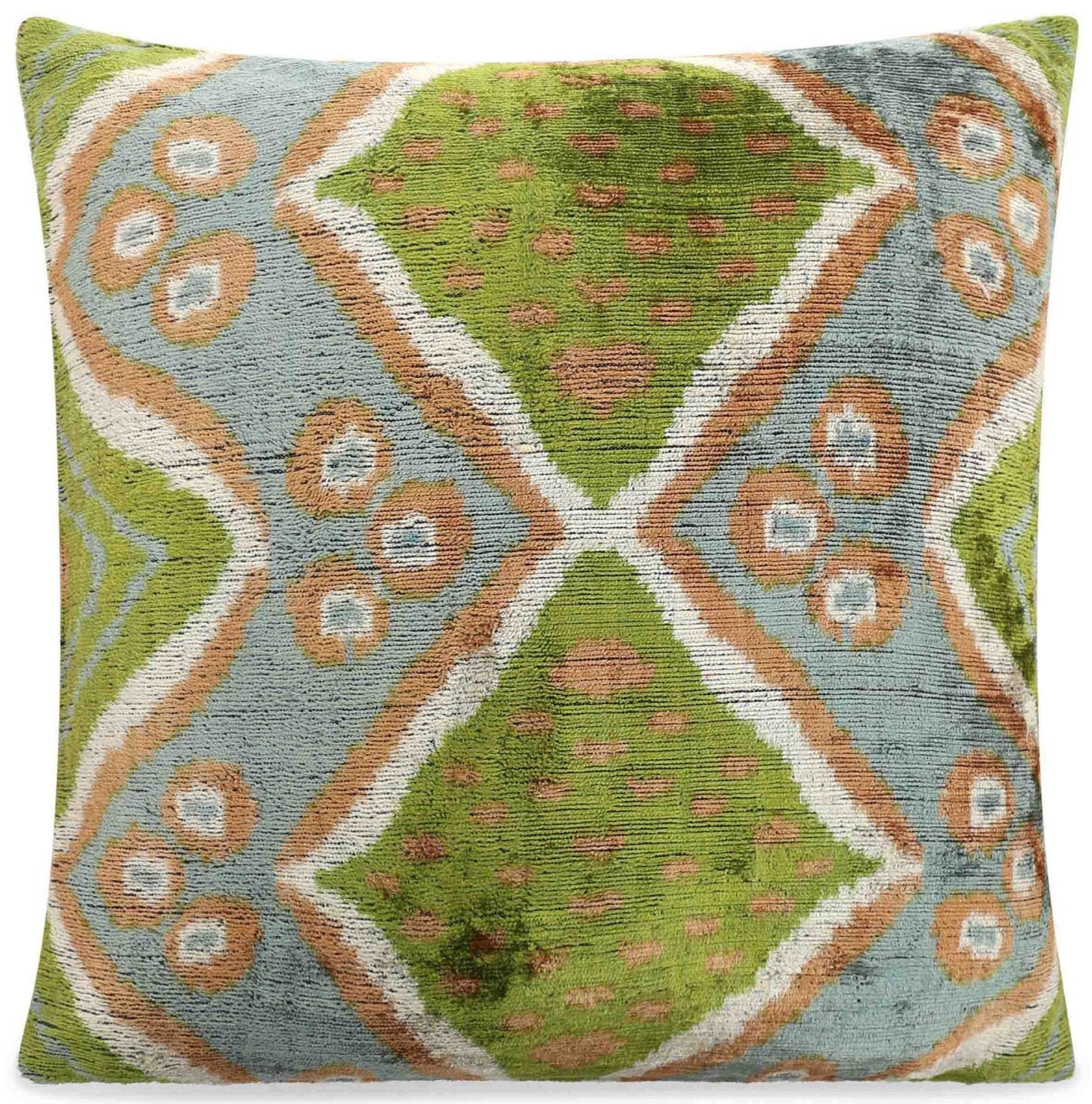 Coussin en velours fait main avec motif géométrique Ikat vert et bleu - Accent décoratif de haute qualité 20 x 20 pouces avec insert en plumes de duvet de qualité supérieure