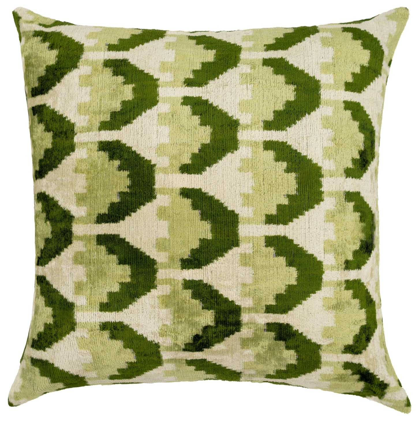 Almohada decorativa de terciopelo hecha a mano con diseño geométrico verde y crema. Detalles decorativos de alta calidad de 20 x 20 pulgadas con inserto de plumas de primera calidad.