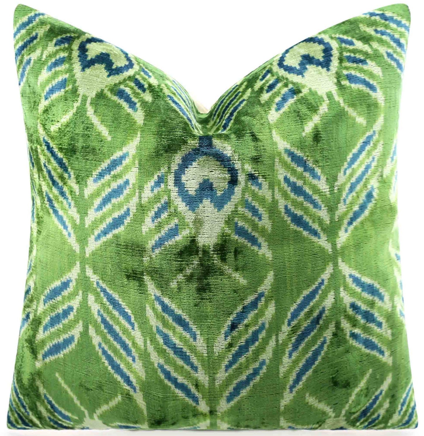 Coussin en velours fait main avec motif ikat vert et bleu sarcelle - Accent décoratif de haute qualité 20 x 20 pouces avec insert en plumes de duvet de qualité supérieure