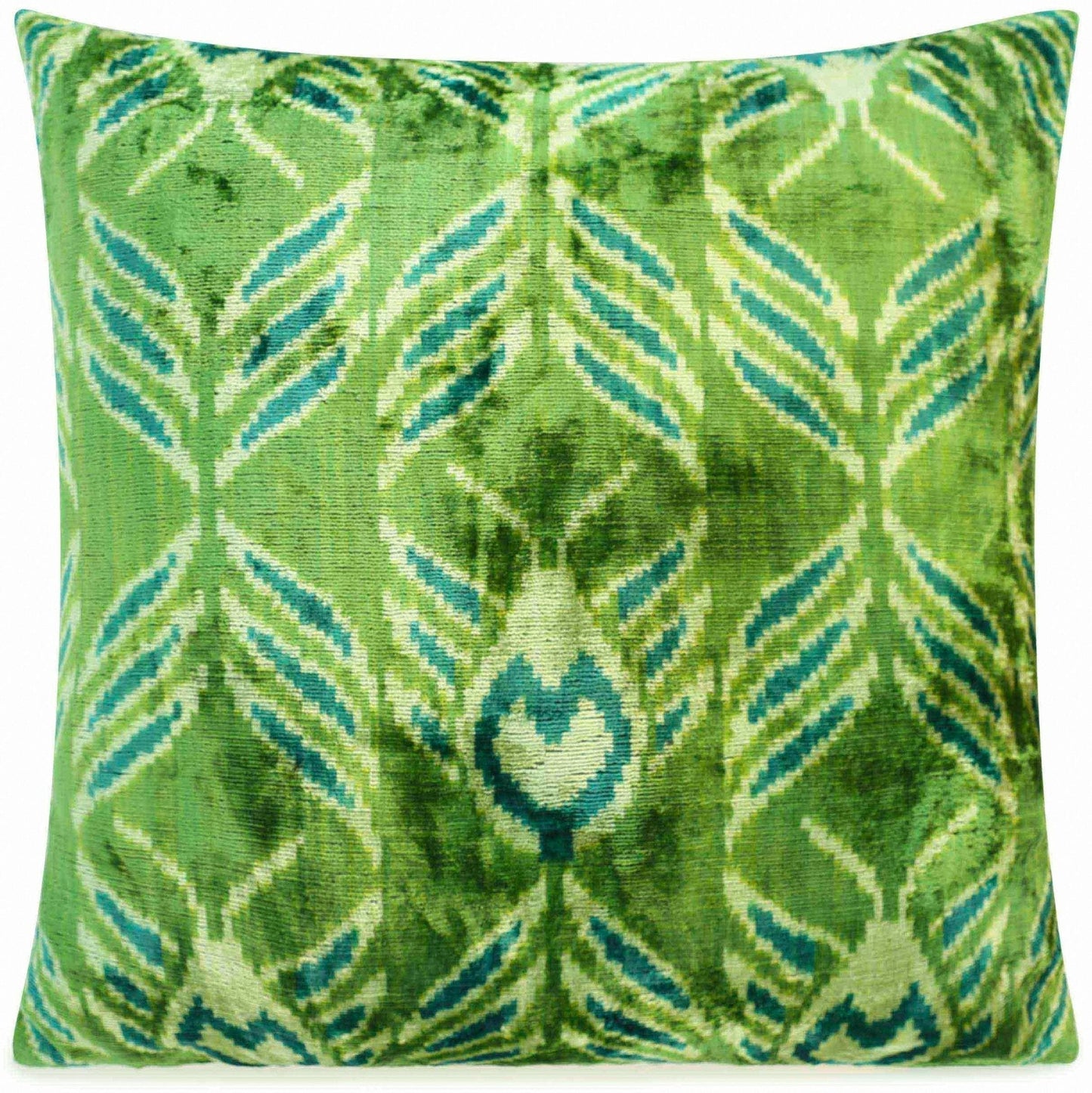 Coussin en velours fait main avec motif ikat vert et bleu sarcelle - Accent décoratif de haute qualité 20 x 20 pouces avec insert en plumes de duvet de qualité supérieure