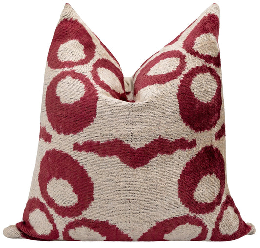 Almohada decorativa de terciopelo hecha a mano con diseño geométrico en rojo y beige: 20 x 20 pulgadas de alta calidad con inserto de plumas de primera calidad