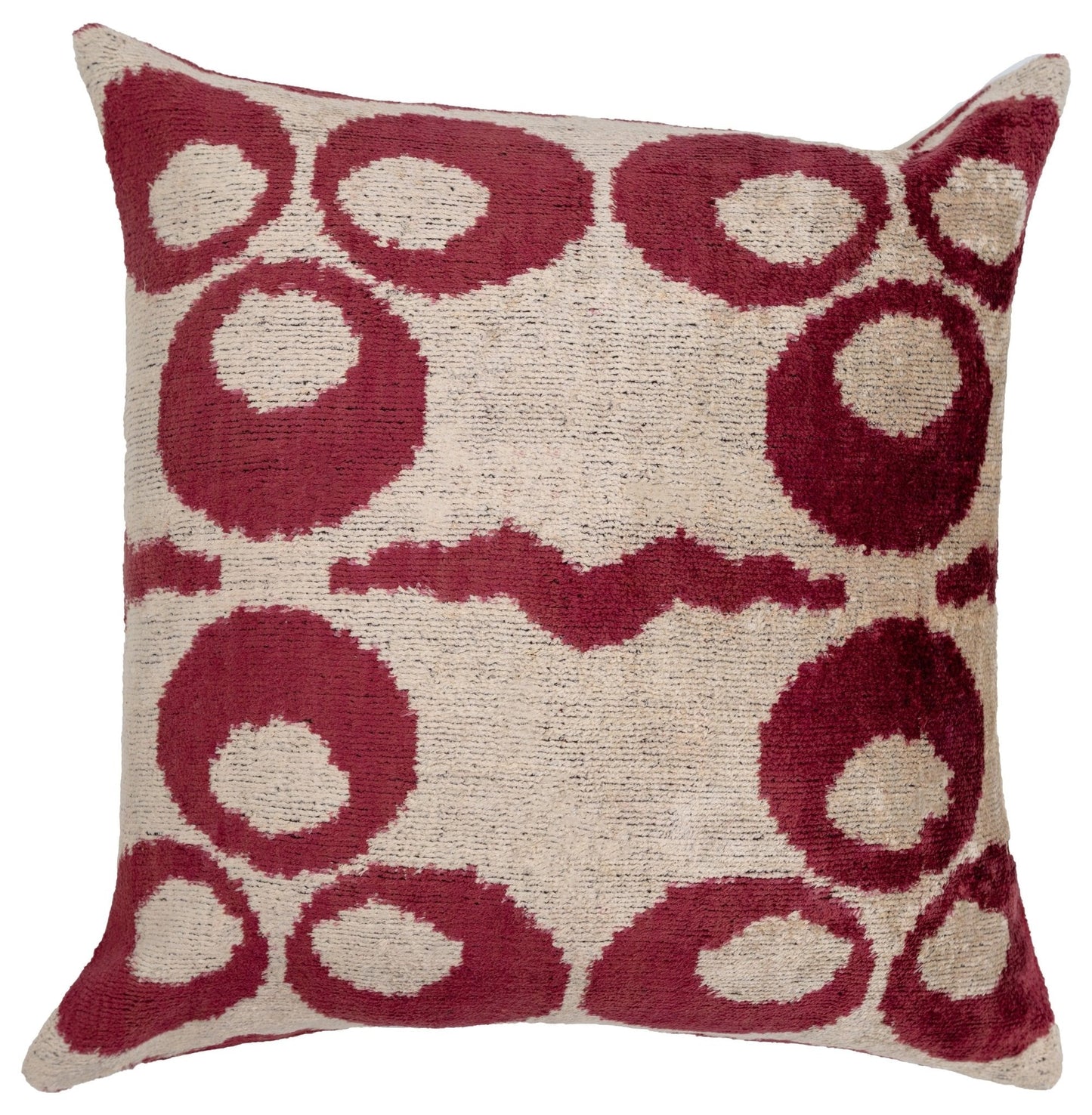 Almohada decorativa de terciopelo hecha a mano con diseño geométrico en rojo y beige: 20 x 20 pulgadas de alta calidad con inserto de plumas de primera calidad