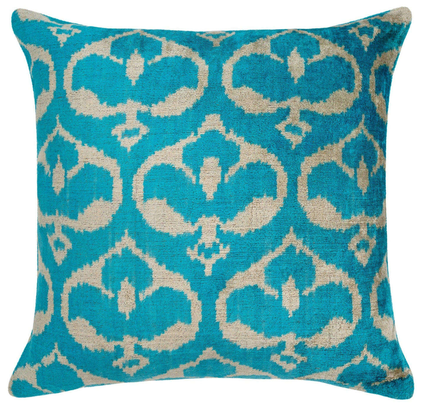 Almohada decorativa de terciopelo hecha a mano con diseño Ikat en turquesa y beige: detalle decorativo de alta calidad de 20 x 20 pulgadas con inserto de plumas de primera calidad para sofás, sillones y diseño de interiores