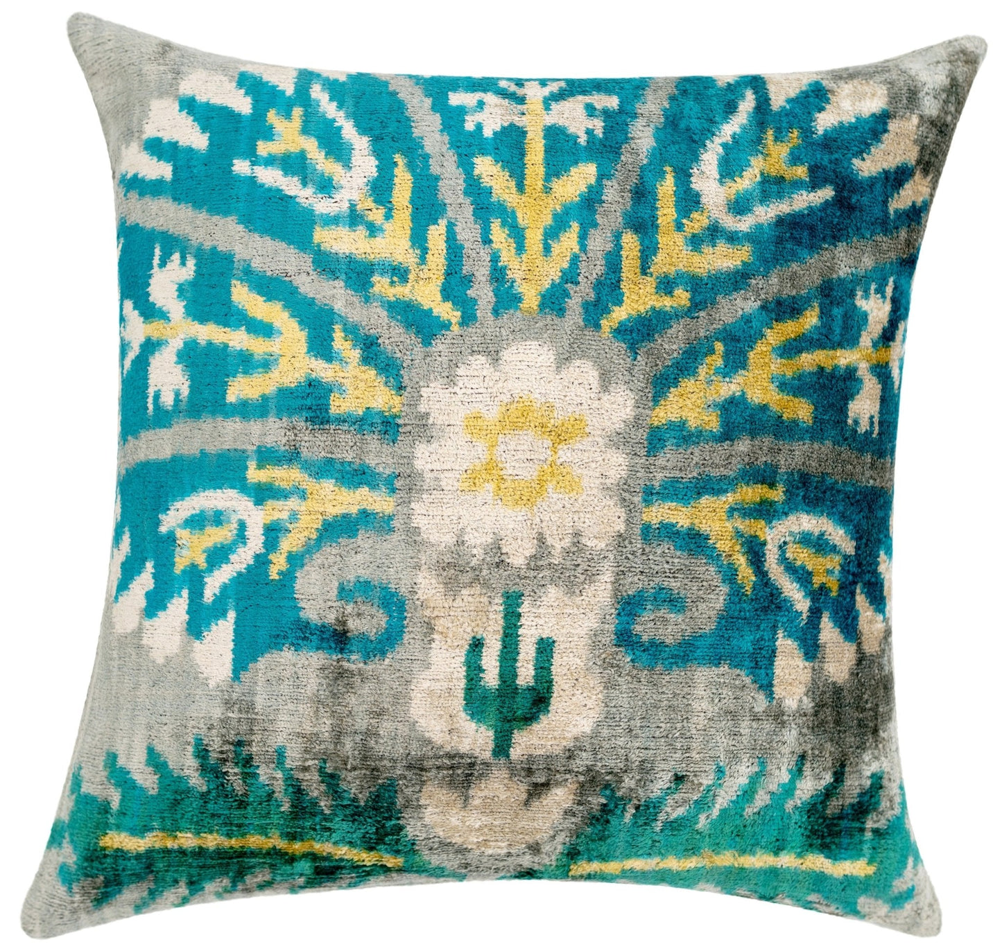 Almohada decorativa de terciopelo hecha a mano con diseño Ikat en turquesa y amarillo: detalle decorativo de alta calidad de 20 x 20 pulgadas con inserto de plumas de primera calidad