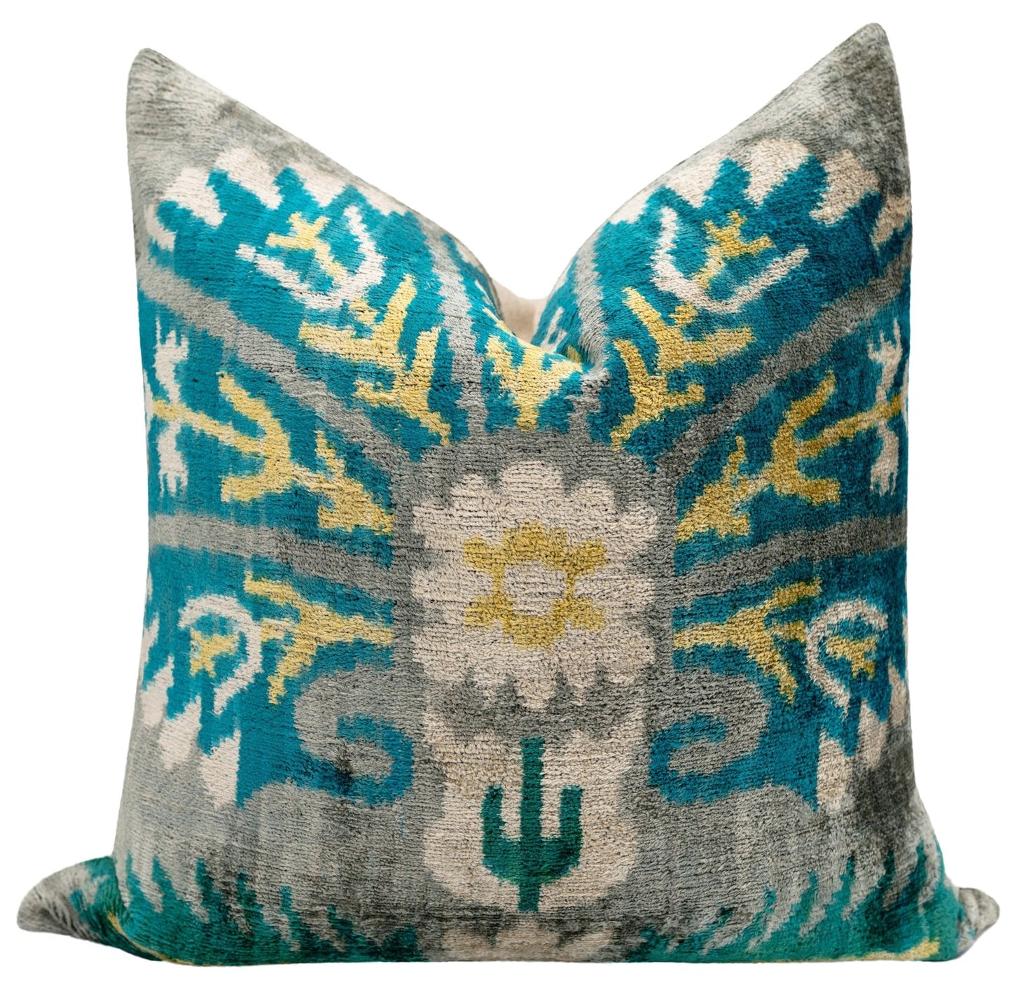 Almohada decorativa de terciopelo hecha a mano con diseño Ikat en turquesa y amarillo: detalle decorativo de alta calidad de 20 x 20 pulgadas con inserto de plumas de primera calidad