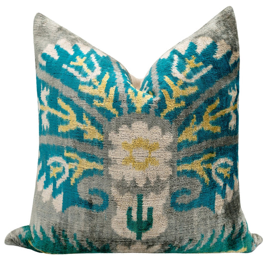 Coussin en velours fait main avec motif ikat turquoise et jaune - Accent décoratif de haute qualité 20 x 20 pouces avec insert en plumes de duvet de qualité supérieure