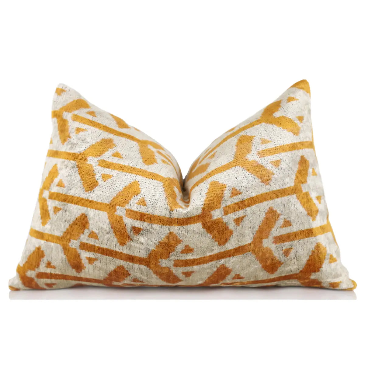 Luxury Silk Velvet Pillow – Gold & Ivory Tribal Lumbar 16x24’’ - Canvello