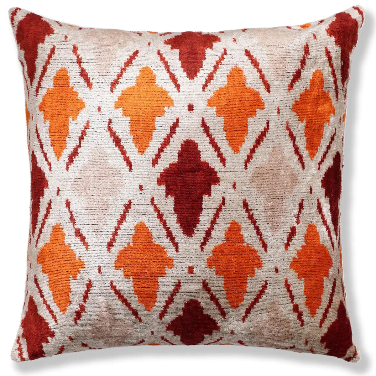 Handwoven Ikat Silk Velvet Throw Pillow 20x20 – Terracotta Rust & Ivory - Canvello