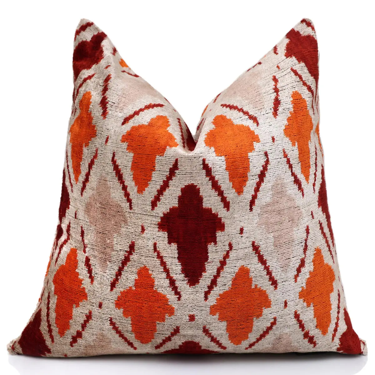 Handwoven Ikat Silk Velvet Throw Pillow 20x20 – Terracotta Rust & Ivory - Canvello
