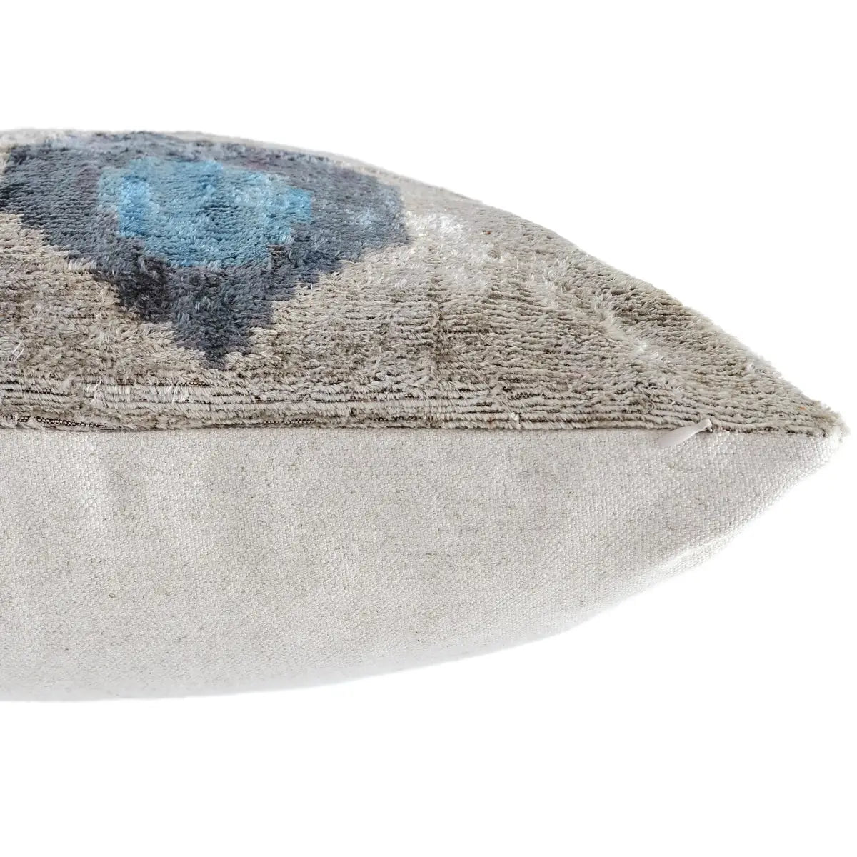 Handwoven Organic Silk Velvet Throw Pillow 20x20 – Neutral Taupe with Teal Ikat Motif - Canvello