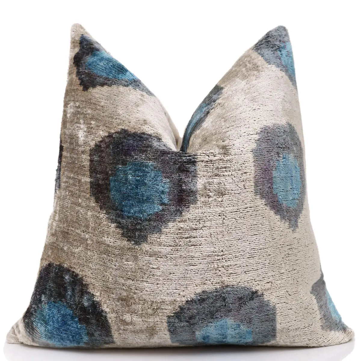 Handwoven Organic Silk Velvet Throw Pillow 20x20 – Neutral Taupe with Teal Ikat Motif - Canvello