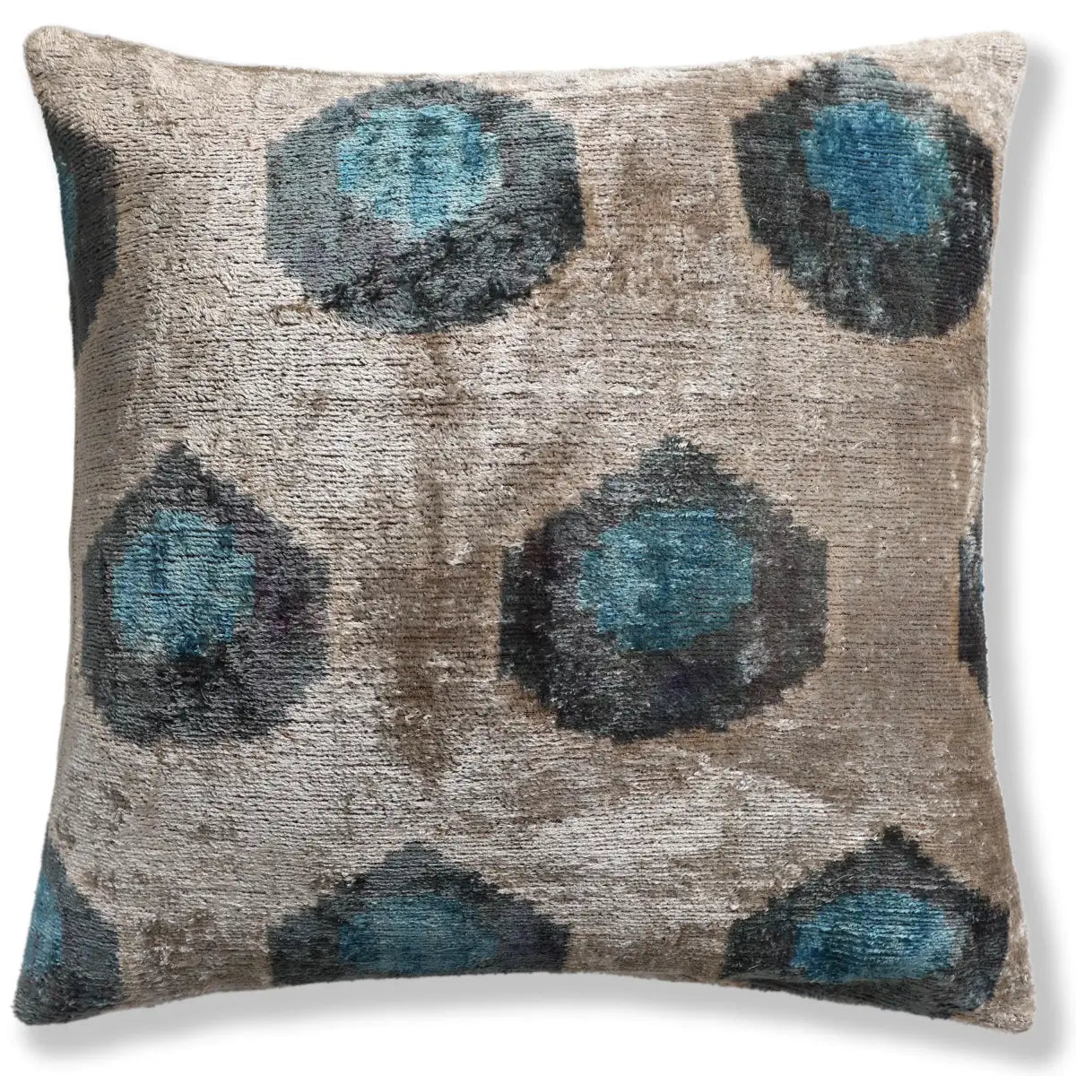 Handwoven Organic Silk Velvet Throw Pillow 20x20 – Neutral Taupe with Teal Ikat Motif - Canvello