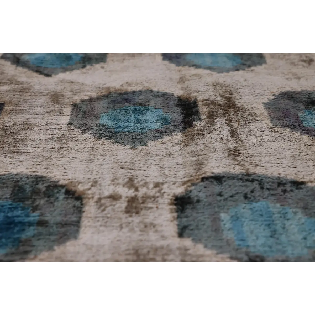 Handwoven Organic Silk Velvet Throw Pillow 20x20 – Neutral Taupe with Teal Ikat Motif - Canvello