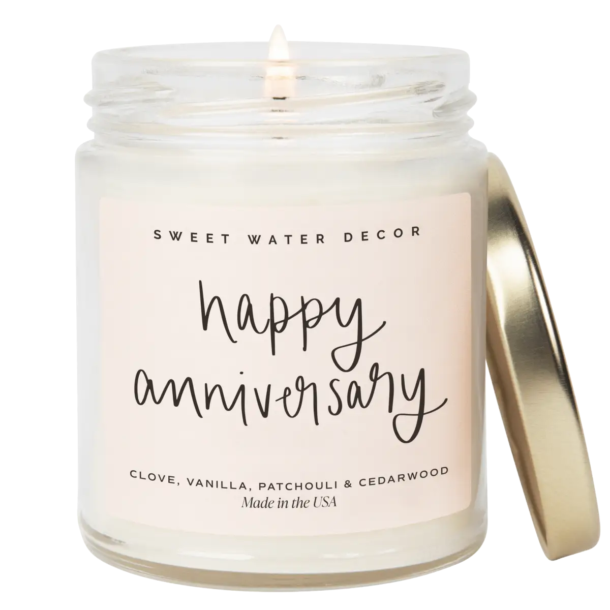 Happy Anniversary Soy Candle - Clear Jar - 9 oz (Palo Santo Patchouli) - Sweet Water Decor