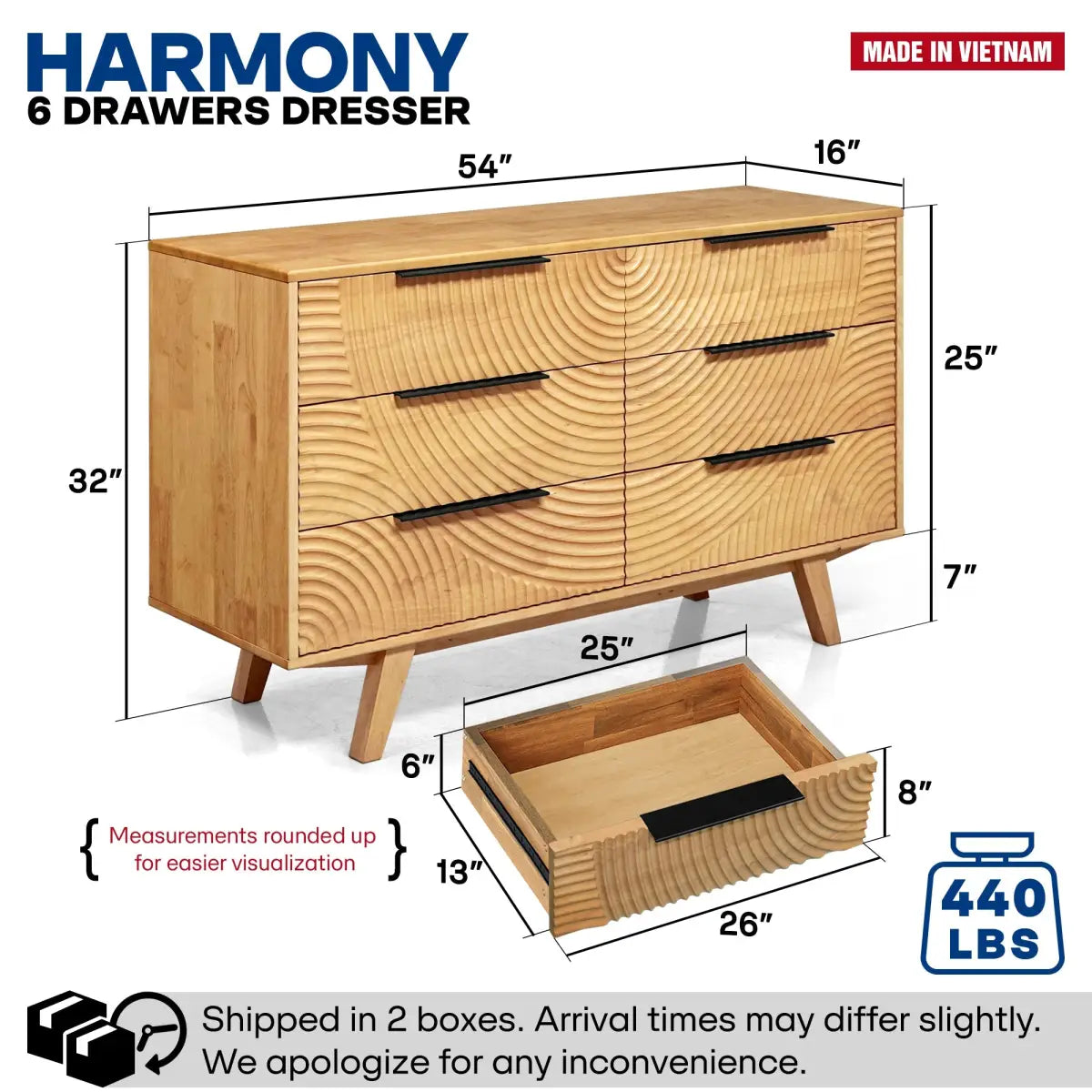Harmony Solid Wood Dresser with 6 Drawers - Megsu