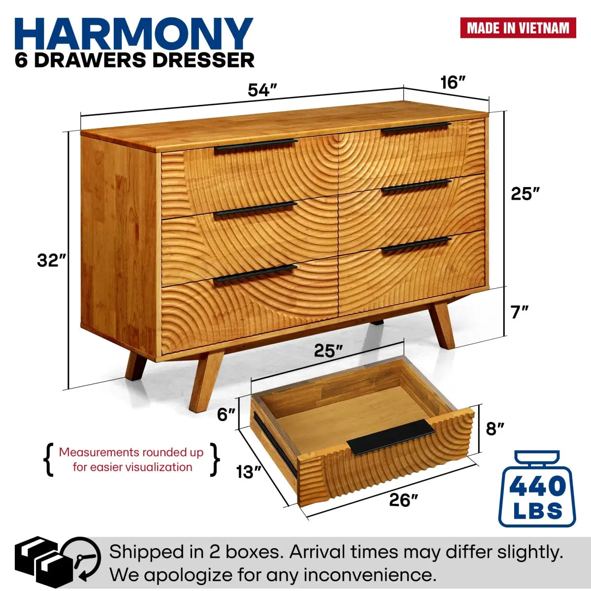 Harmony Solid Wood Dresser with 6 Drawers - Megsu