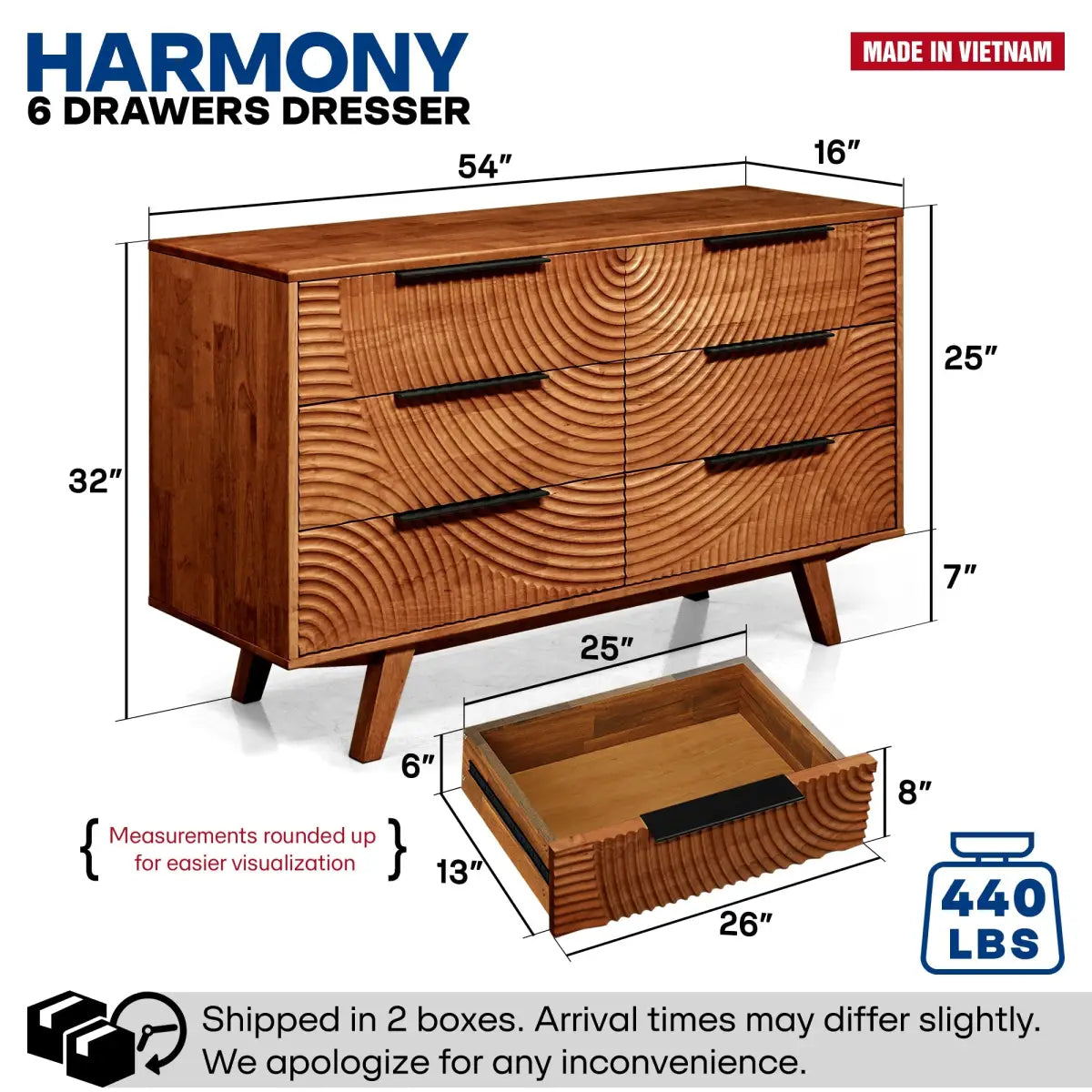 Harmony Solid Wood Dresser with 6 Drawers - Megsu