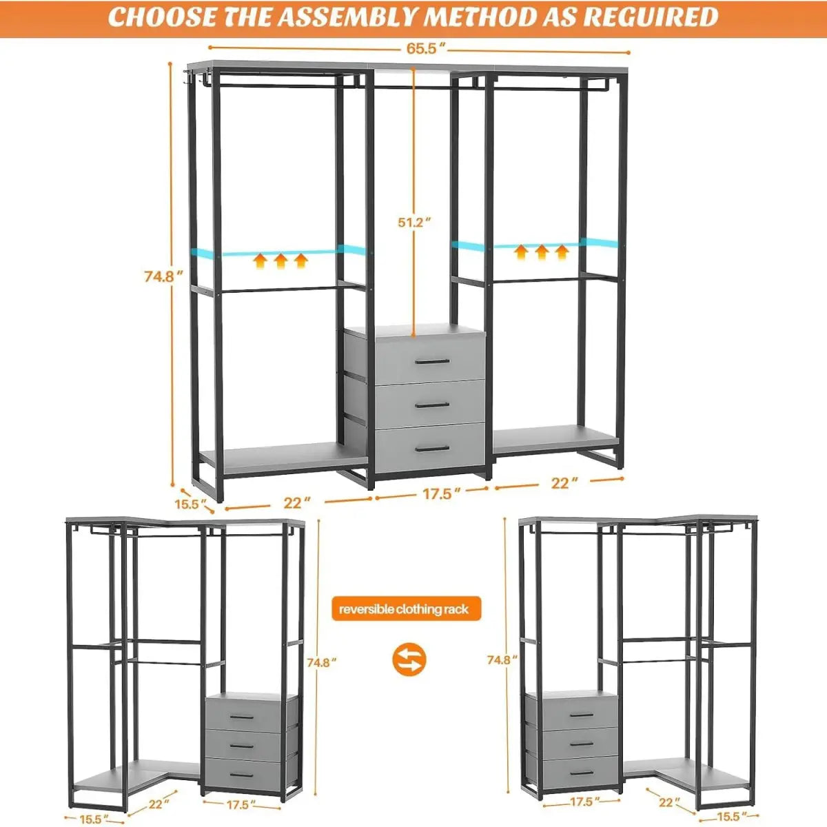 Heavy Duty Black Grey Freestanding Garment Rack Closet Wardrobe with 3 Drawers - HomePacific