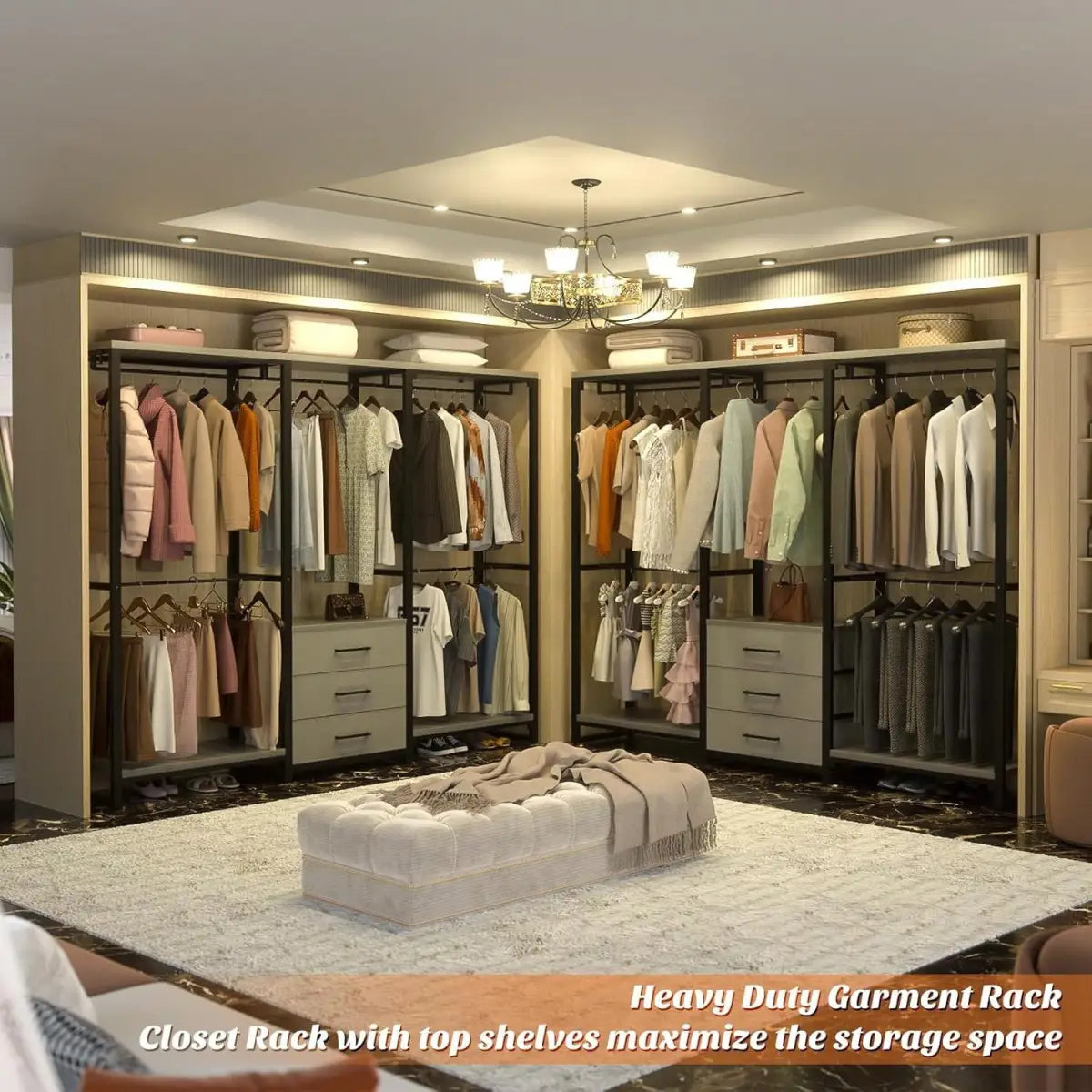Heavy Duty Black Grey Freestanding Garment Rack Closet Wardrobe with 3 Drawers - HomePacific