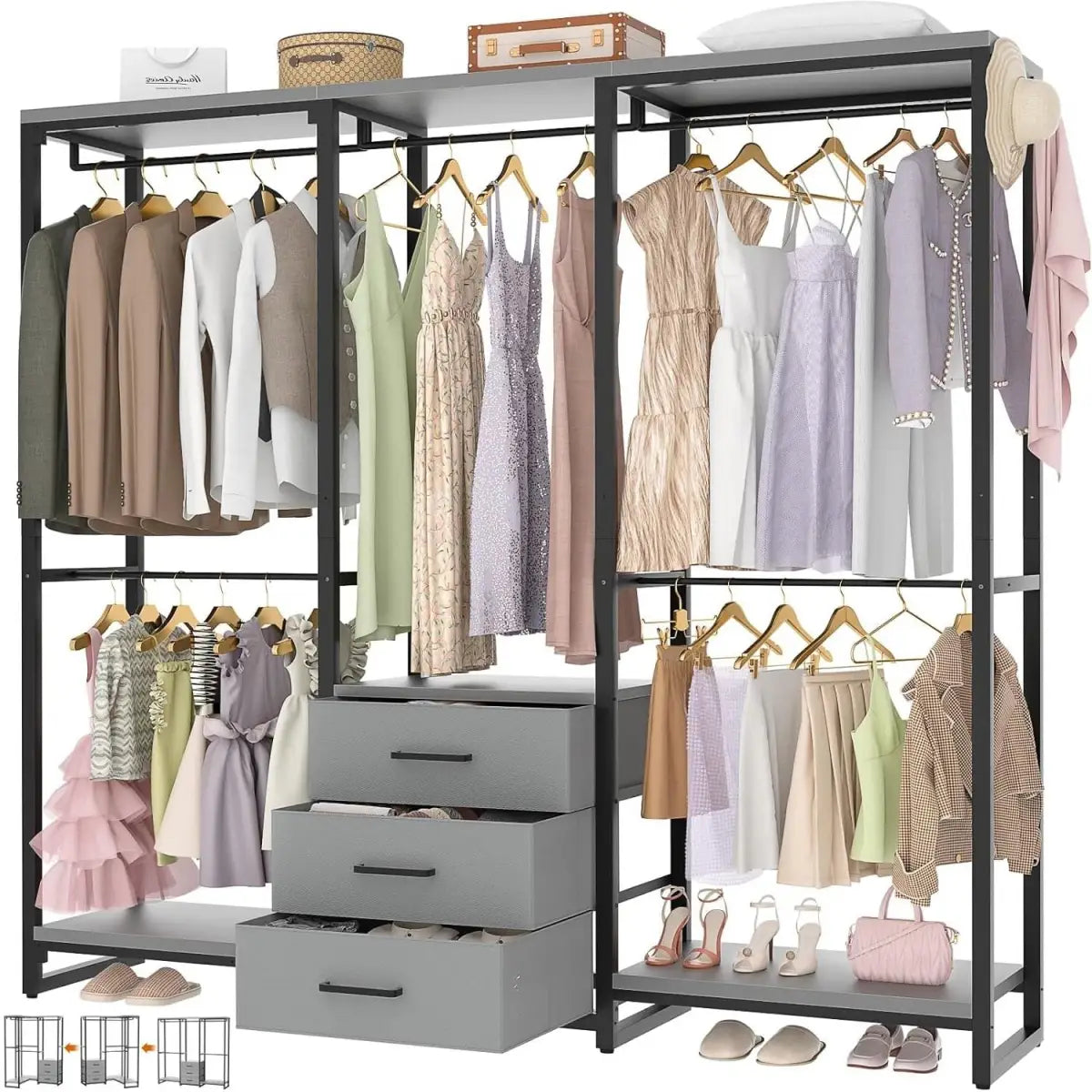 Heavy Duty Black Grey Freestanding Garment Rack Closet Wardrobe with 3 Drawers - HomePacific