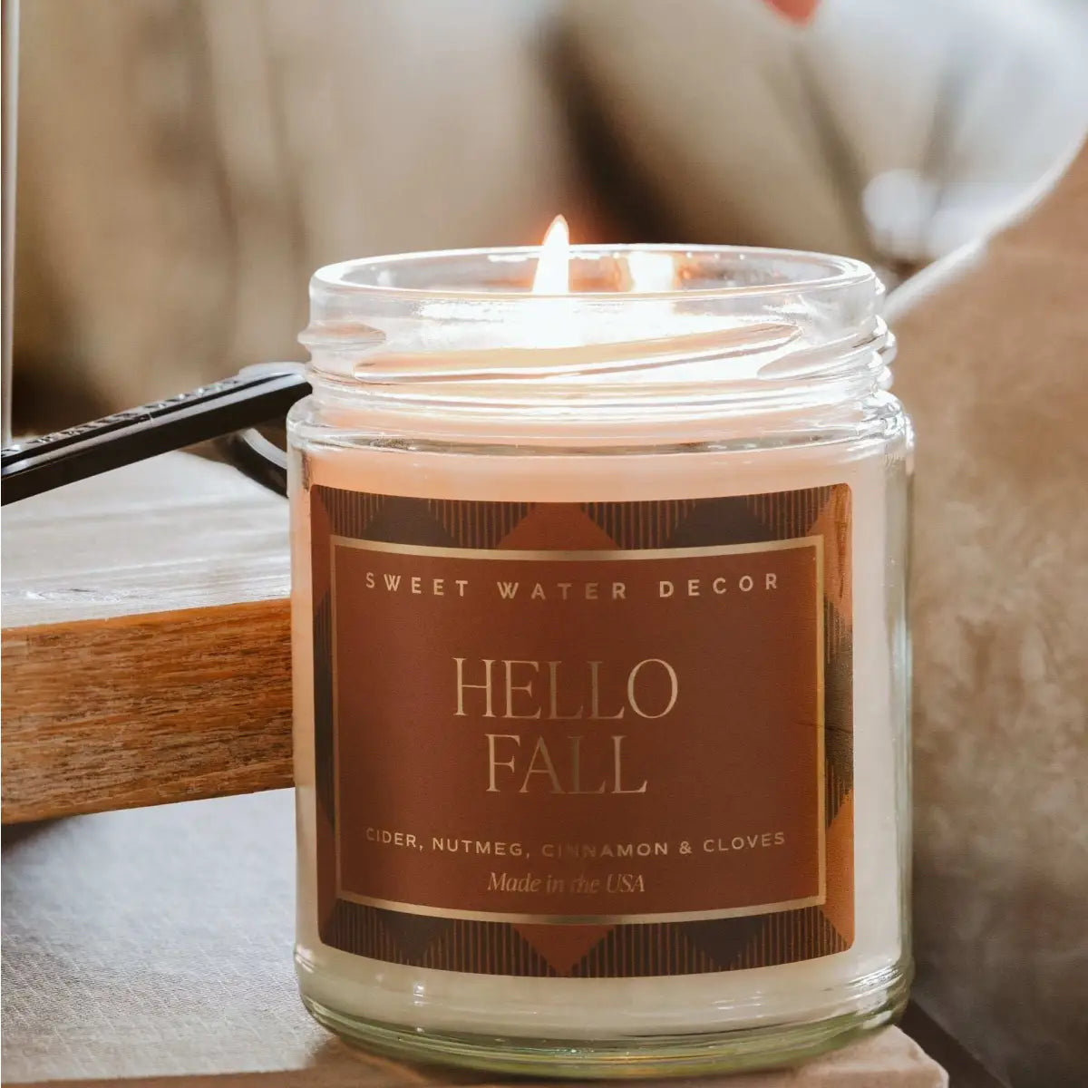 Hello Fall Soy Candle - Patterned 9 oz - Clear Jar - Sweet Water Decor