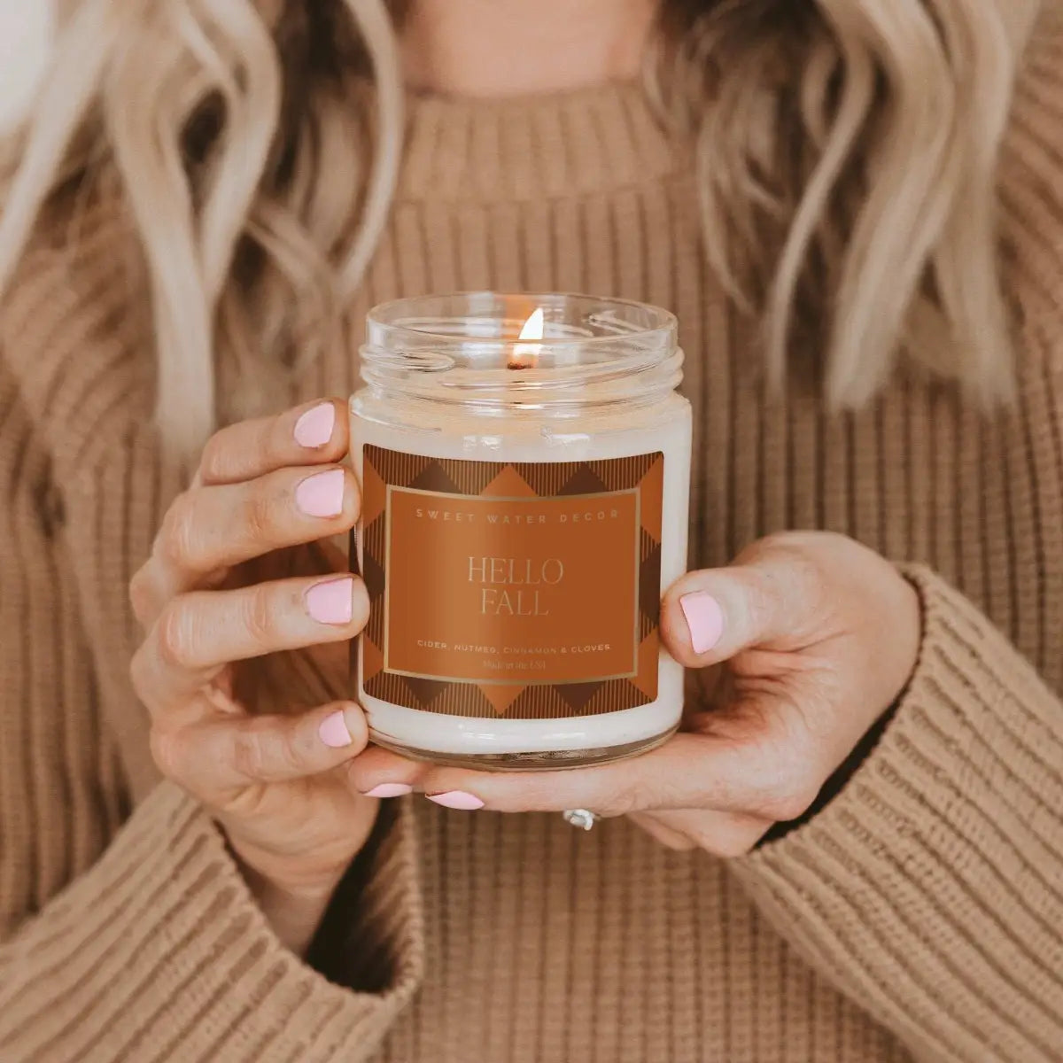 Hello Fall Soy Candle - Patterned 9 oz - Clear Jar - Sweet Water Decor