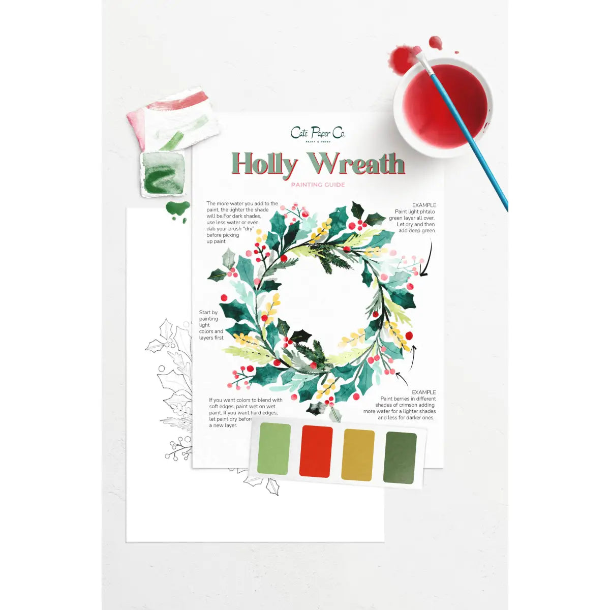 Watercolor Painting Kit - Holly Wreath - Cate Paper Co.