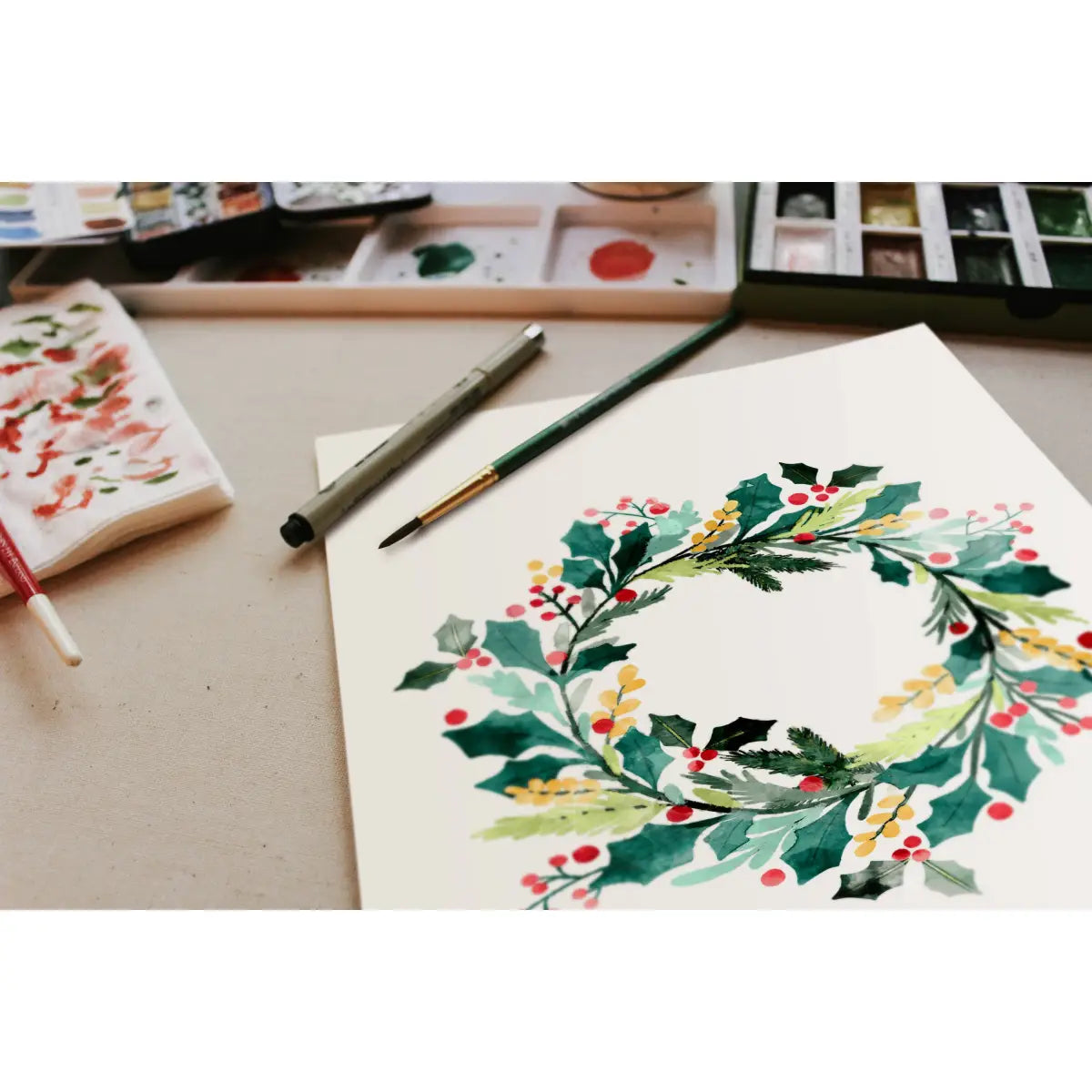 Watercolor Painting Kit - Holly Wreath - Cate Paper Co.