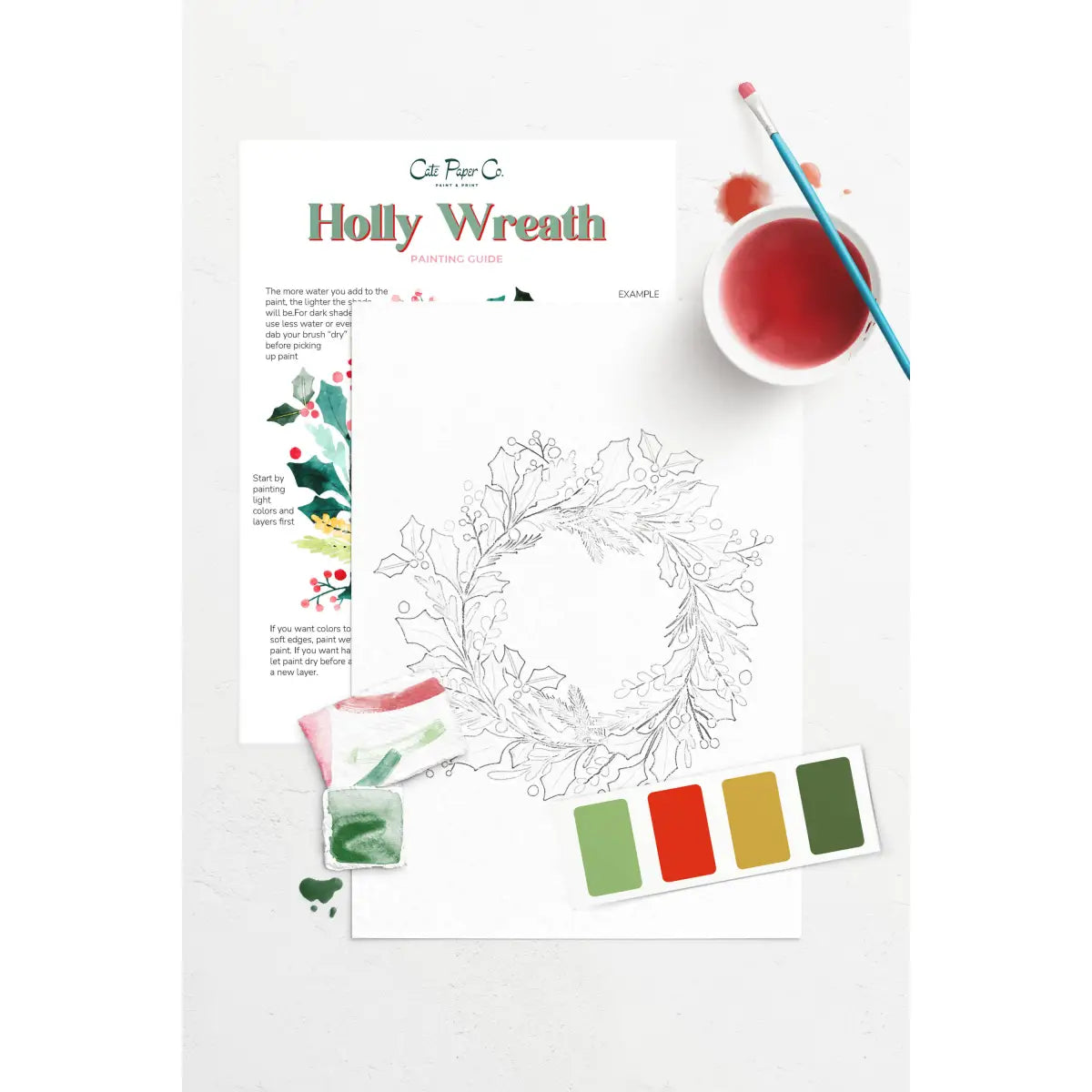 Watercolor Painting Kit - Holly Wreath - Cate Paper Co.