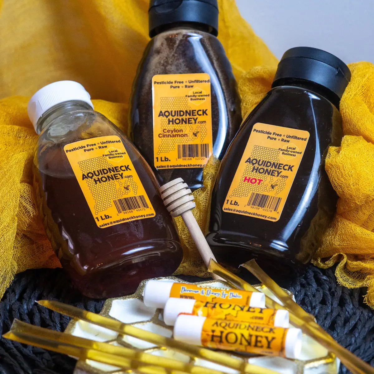 Honey Gift Box - 3 Honeys 3 Lip Balms Honey Straws Dipper - Aquidneck Honey