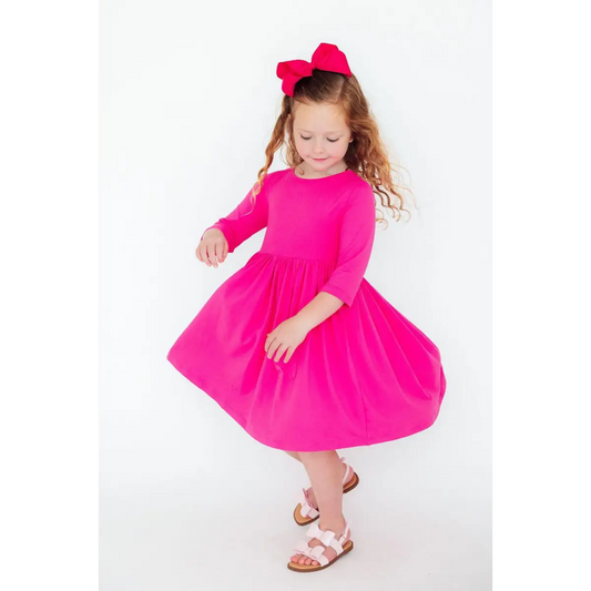 Hot Pink 3/4 Sleeve Pocket Twirl Dress - Mila & Rose ®