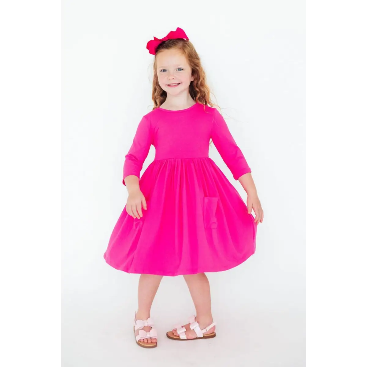 Hot Pink 3/4 Sleeve Pocket Twirl Dress - Mila & Rose ®