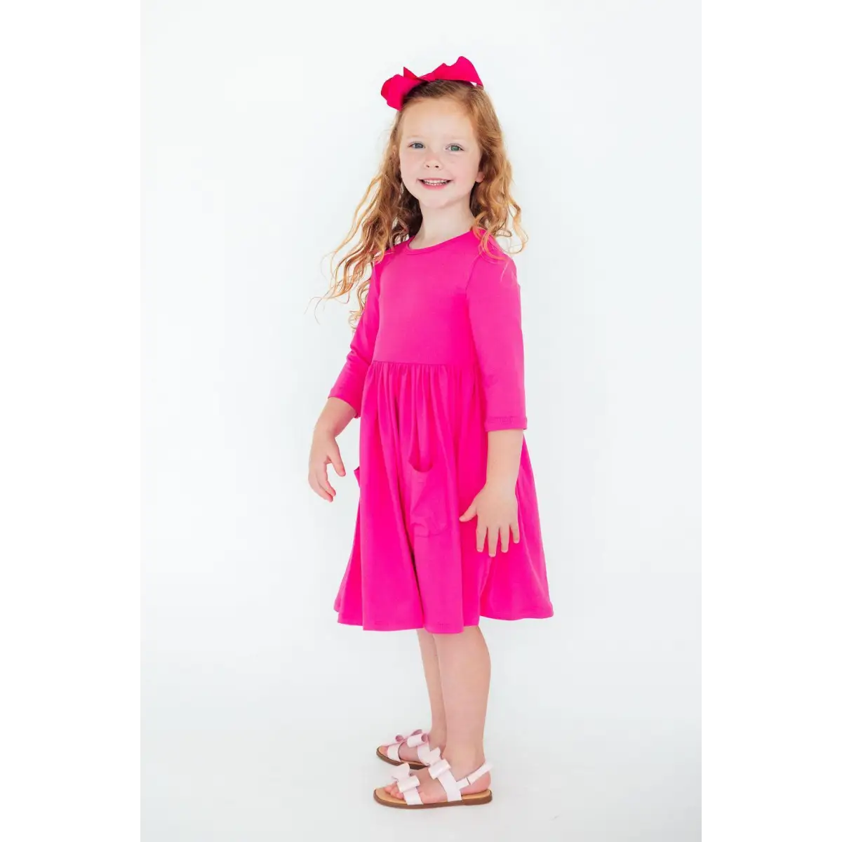 Hot Pink 3/4 Sleeve Pocket Twirl Dress - Mila & Rose ®
