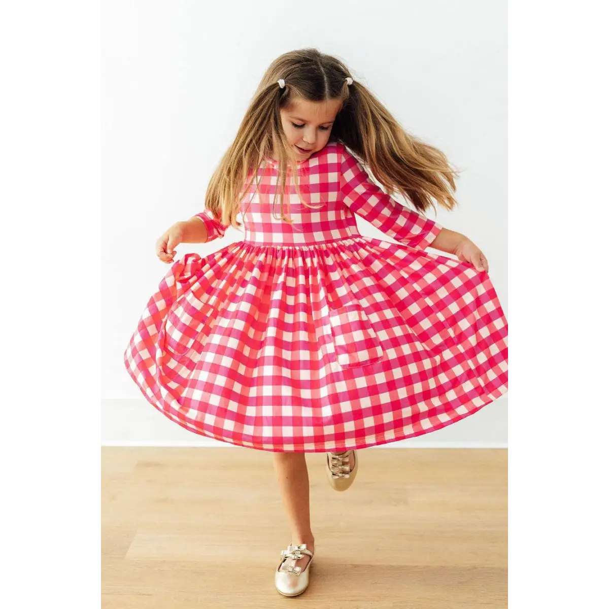 Pocket Twirl Dress - Hot Pink Gingham 3/4 Sleeve - Mila & Rose ®