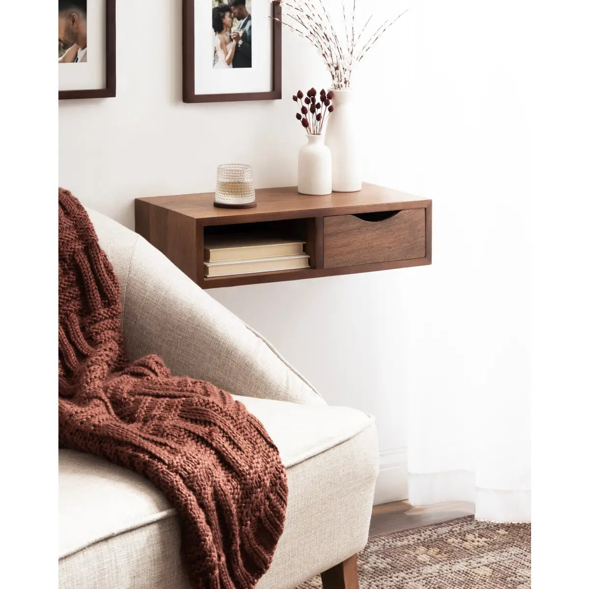 Hutton Floating Side Table with Drawer - Wall Mount - Walnut Brown - kateandlaurel